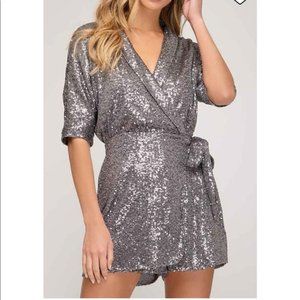 She + Sky silver sequin wrap front ROMPER- NWT.  SZ: M
